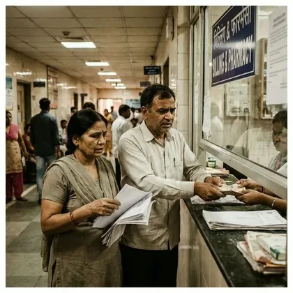 A worried family at a hospital billing counter handling papers and cash