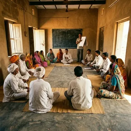 Community members gathered in a rural hall for a health education workshop